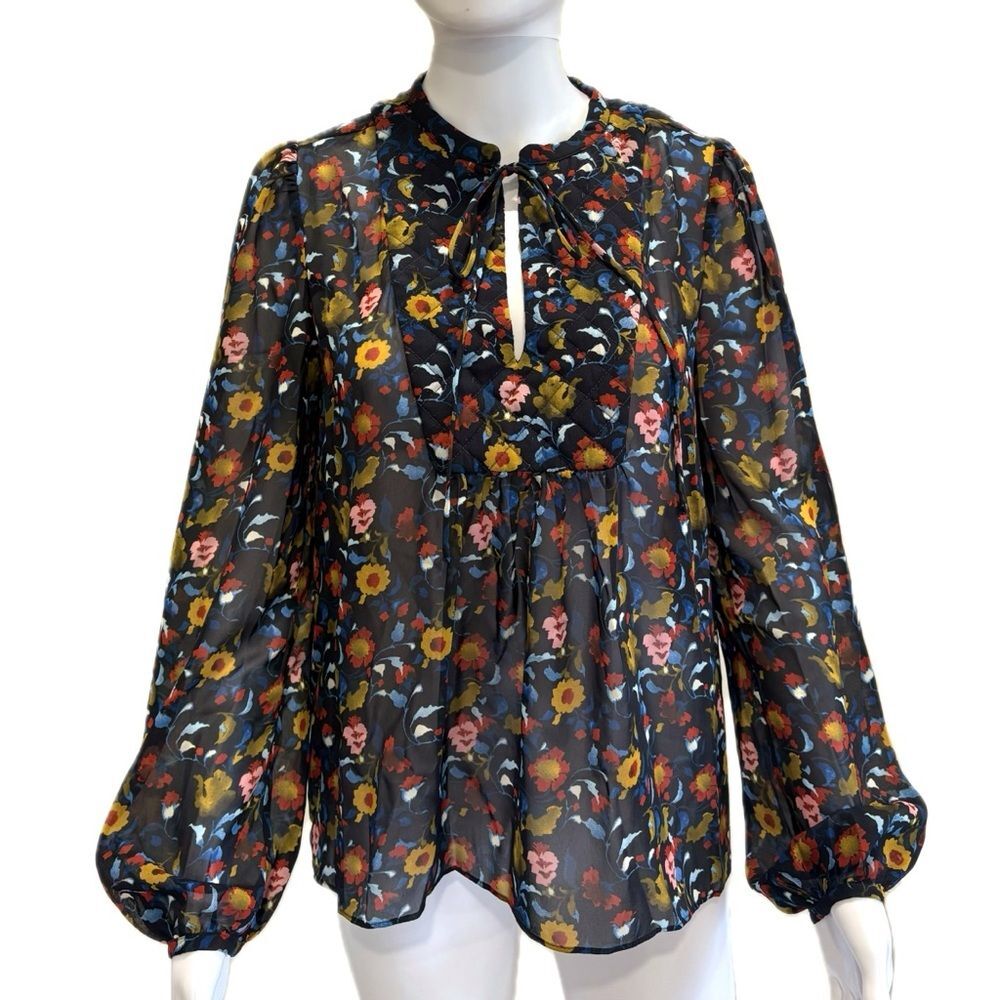 Zara Sheer Floral Tie Neck Blouse Womens Size Small Colorful Long Balloon Sleeve